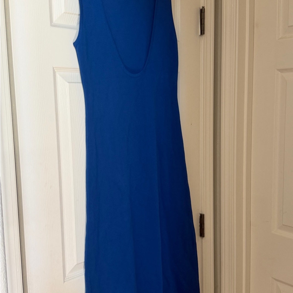 NWT. Zara Bluish Viscose Blend Knit Midi Dress with Open Back. Size L - Picture 2 of 5